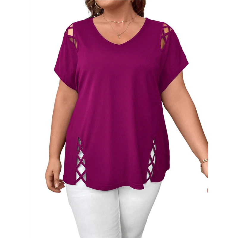 เสื้อแขนสั้นสตรีเสื้อตัดคอวีแต่งตัวลำลองหลวมพอดีเสื้อตัวยาว-A55G