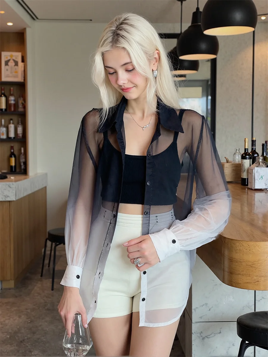 

Gradient See-through Shirts Harajuku Y2K Blouses Elegant Woman Top Winter Doodle Upper Trending Pretty Decal Hottie Puffy Casual
