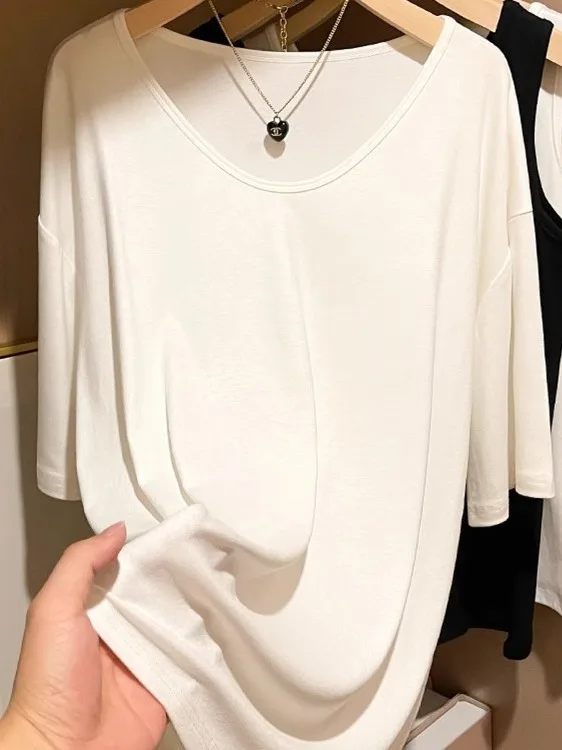 

White V-neck Loose Casual Fashion Women's T-shirt Half-sleeve Comfortable Slimming Top Korean Style Summer Regular Fit