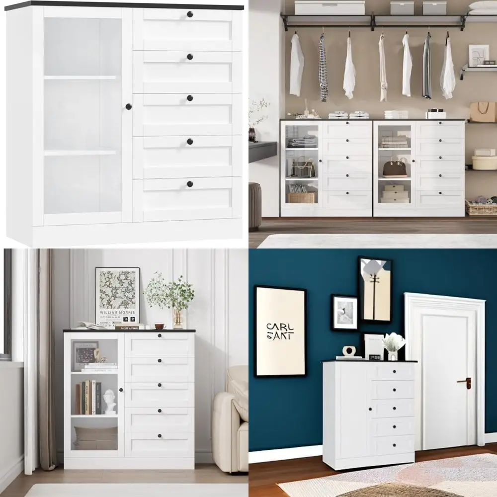 

5-Drawer White Dresser with Door, Storage Cabinet with Drawers and Shelves, Wide Wooden Modern Chest