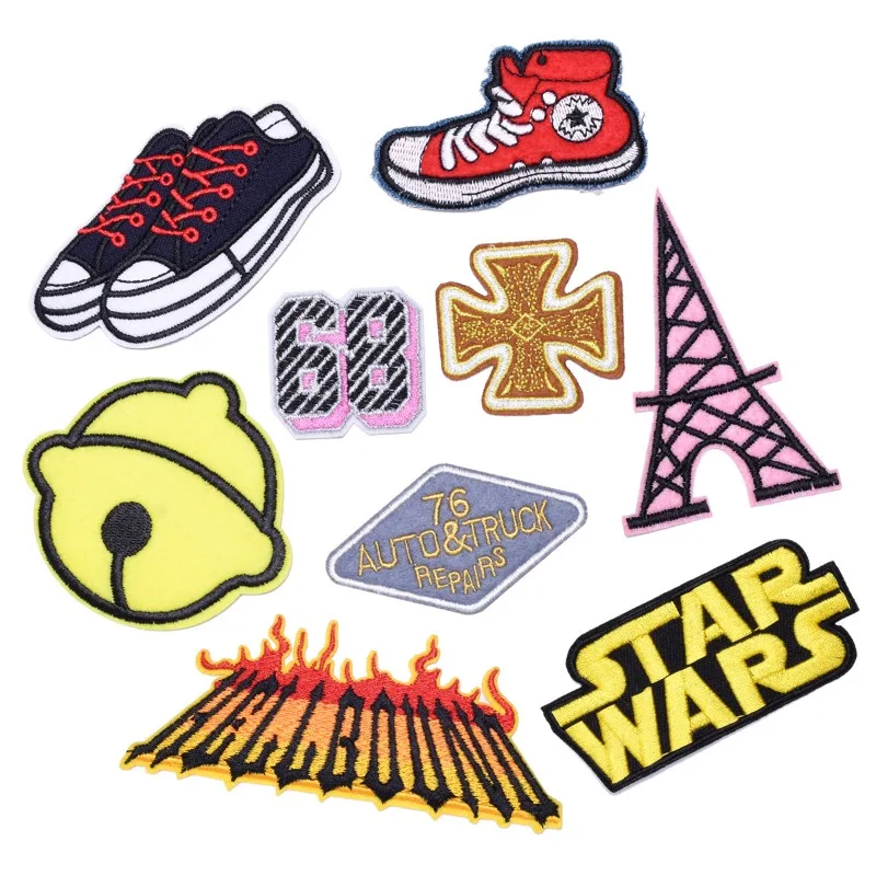 

50pcs/Lot Luxury Anime Embroidery Patch Gold Cross Bell Tower Sneaker Flame Clothing Decoration Accessory Craft Diy Applique