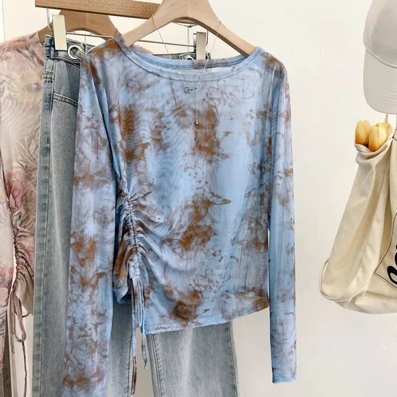 

Oversize Y2k Tie-dye Mesh O-neck T-shirts Summer Thin Long Sleeve Tee Shirt 2025 New Slim Fit Drawstring Top for Women