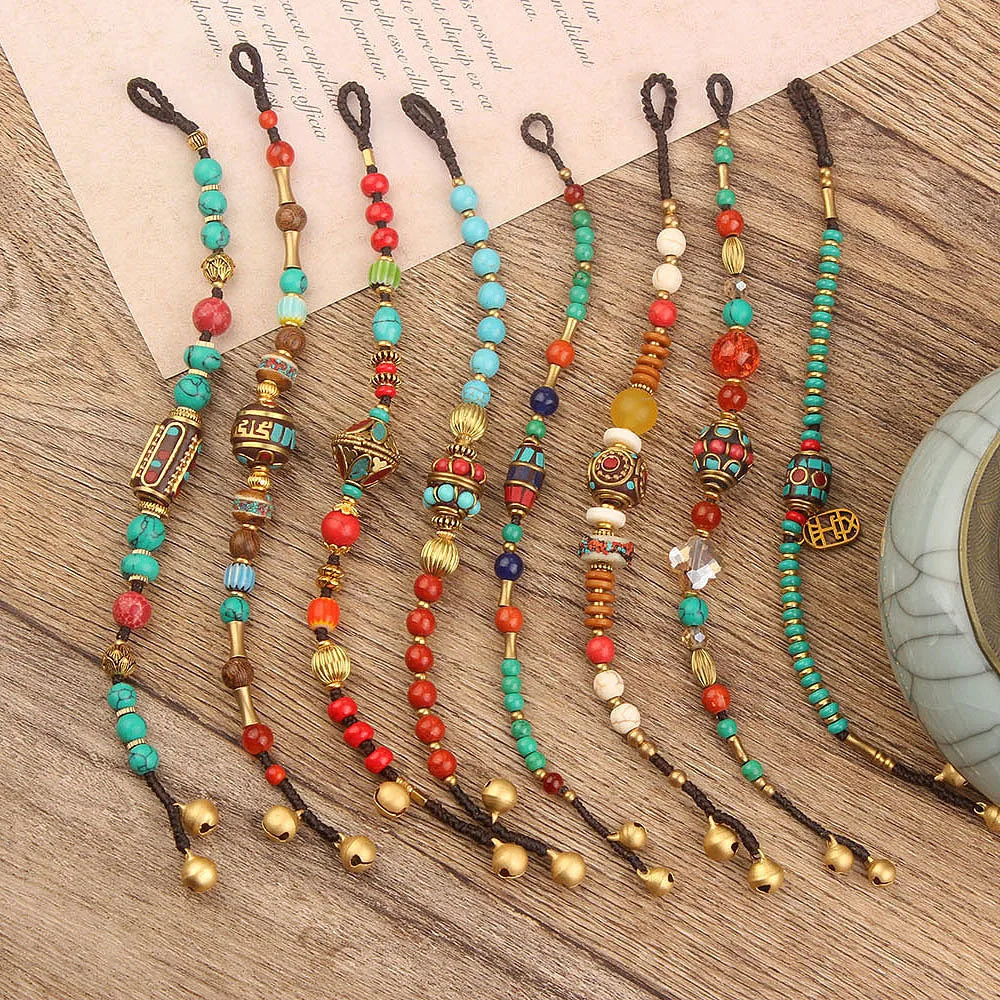 Nature Stones Nepal Ancient Copper Bone Bracelet Ethnic Tibetan Style  Creative Bell Hand Rope Coco Bracelet Jewelry for Women