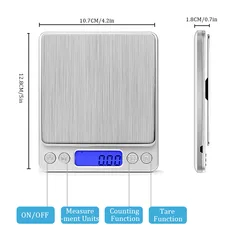 Pocket Digital Scale Electronic Weight Scales 3kg 0.1g / 500g 0.01g  Jewelry Scale Food Kitchen Balance Silver With 2 Tray