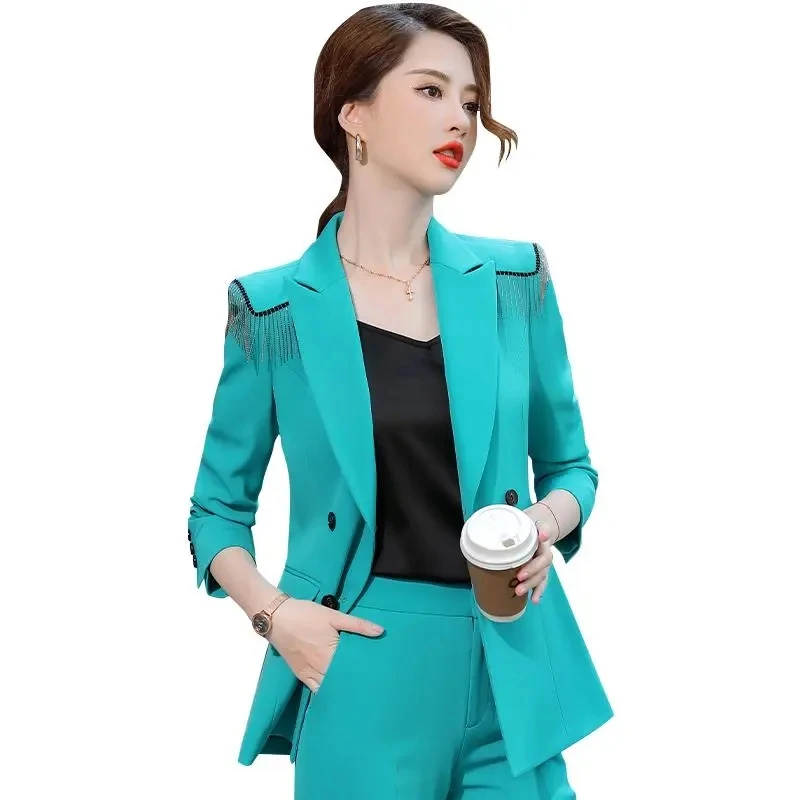 High Quality White Tassel Blazer Jacket Female Straight Pants Sets Temperament Lady Fashion Streetwear Suits Women Elegant