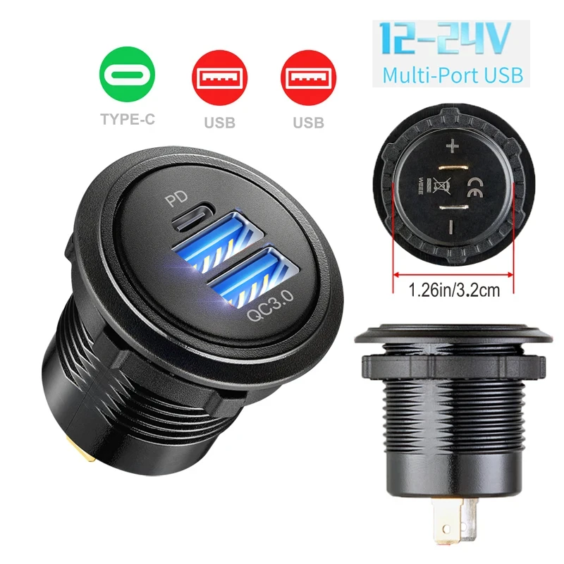 

Car USB Charger QC3.0 PD Type C USB with Light Socket for 12V/24V Vehicles Boat Motorcycle SUV Bus Truck Caravan Marine