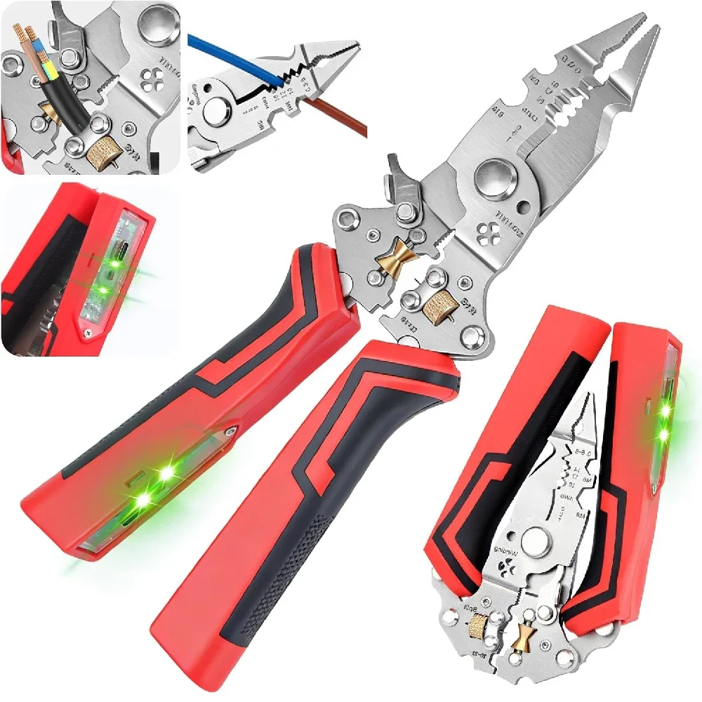 1Pcs Multifunction Wire Stripping Tool, 14-in-1 Pliers with Voltage Tester LED Display for Home Electrical Repair