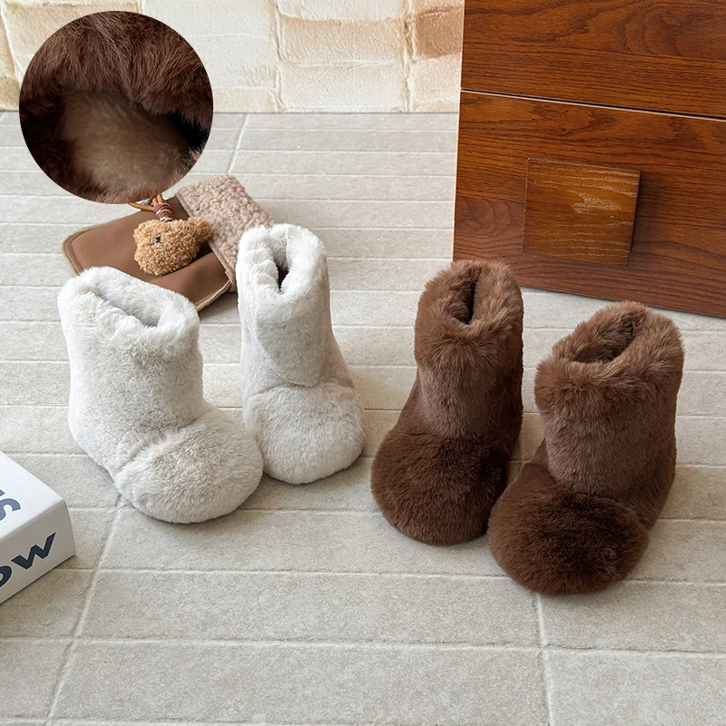 

Luxury Thick Fur Snow Boots Kid Girl Fluffy Warm Plush Booties Child 2025 Winter New Round Toe Slip-on Outdoor Cotton Shoes21-30
