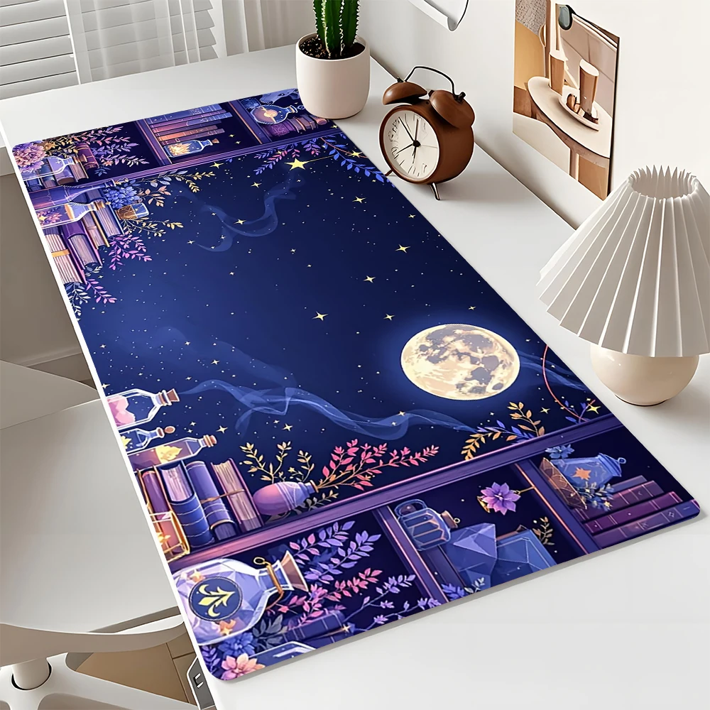 Magical Purple Bookshelf and Full Moon Large Mouse Pad Desk Mat Gaming Pads Non-Slip Stitched Edge Table Mats Mauspad Office Rug