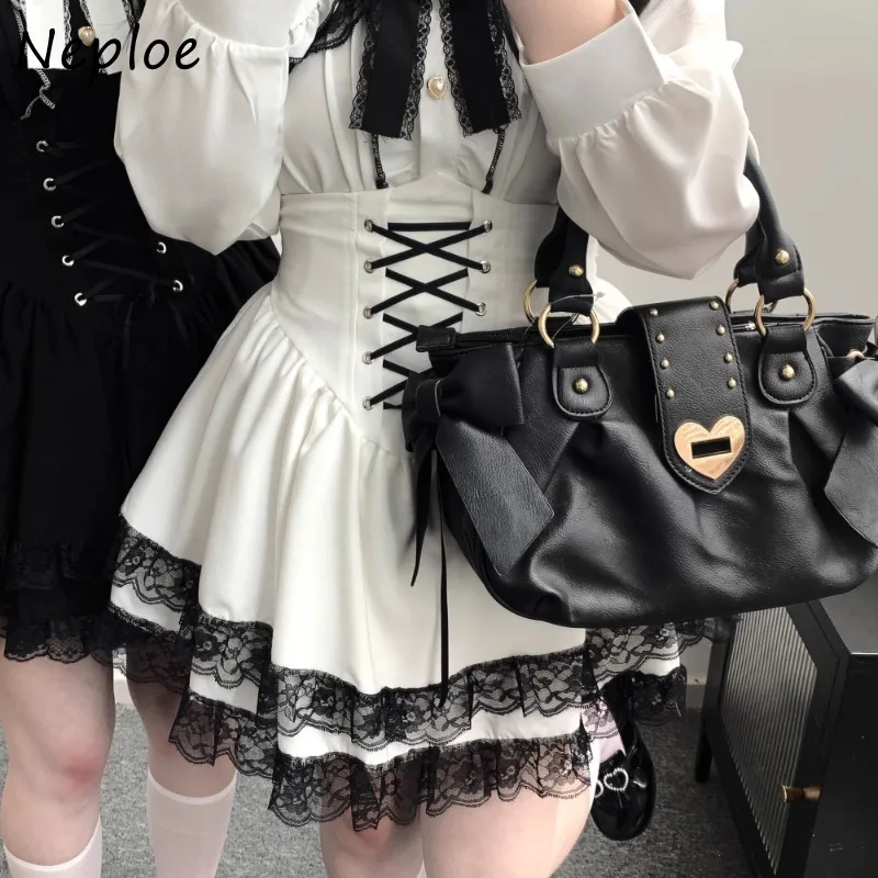 Neploe Harajuku Sweet Lace Ruffles Black Faldas Mujer 2024 Summer New Skirt for Women Y2k E-Girl High Waist A-line Skirts