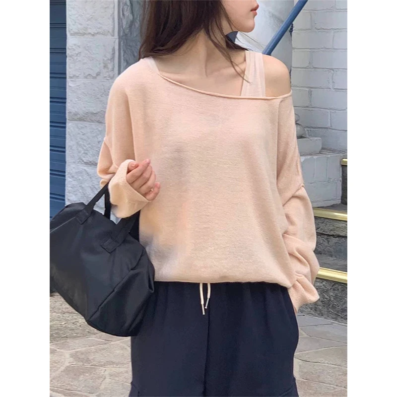 

Faionable Lazy Two-Piece Set Korean Dongdaemun Thin oulder-Baring Knitwear Base Layer Vest Women's Sle Loose Fit Long S...