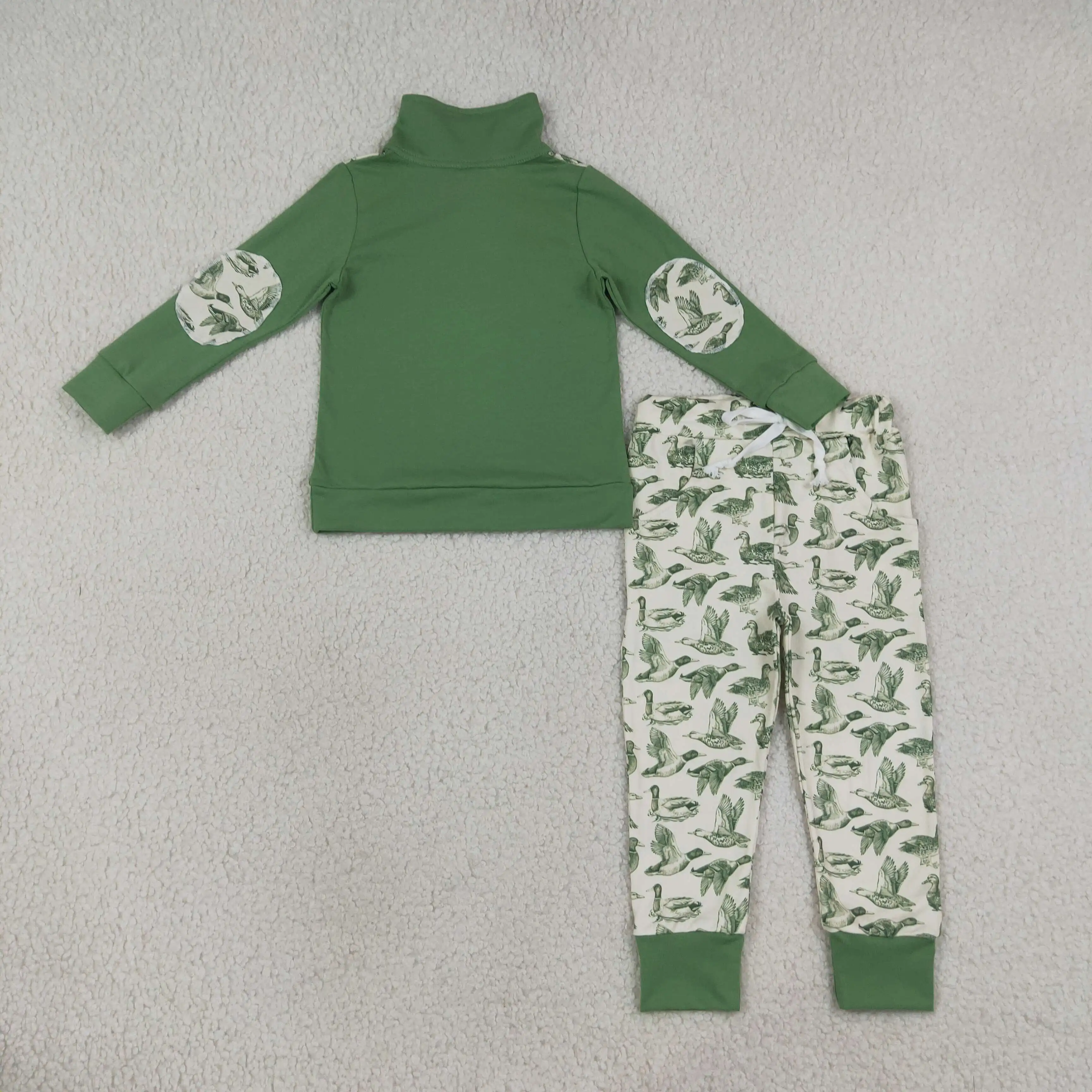 Wholesale Baby Boy Cotton Green Zipper Pullover Shirt Set Toddler Kids Outfit Clothes Children Ducks Pockets Pants