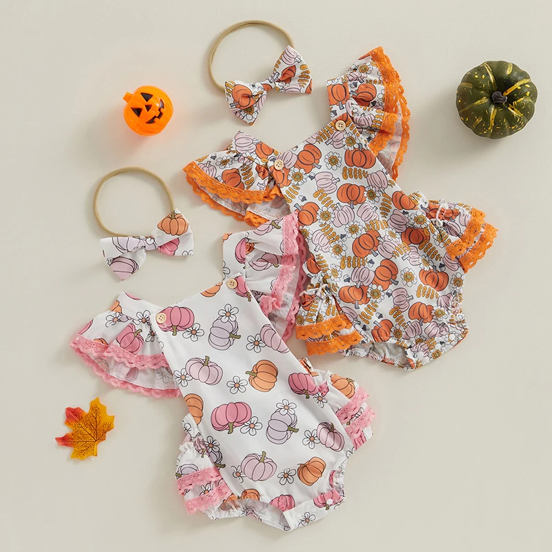 

2023-07-15 Lioraitiin 0-18M Infant Baby Girls 2Pcs Halloween Outfits Fly Sleeve Pumpkin Floral Print Bodysuit Headband Set