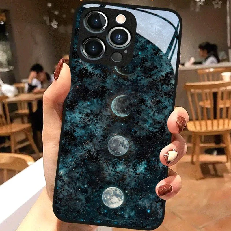 Funda de teléfono de vidrio templado con forma de luna de diferentes fases para iPhone 17 16 Pro Max 15 14 13 12 11 Pro 17Air 16E 7 8 Plus XR XS X