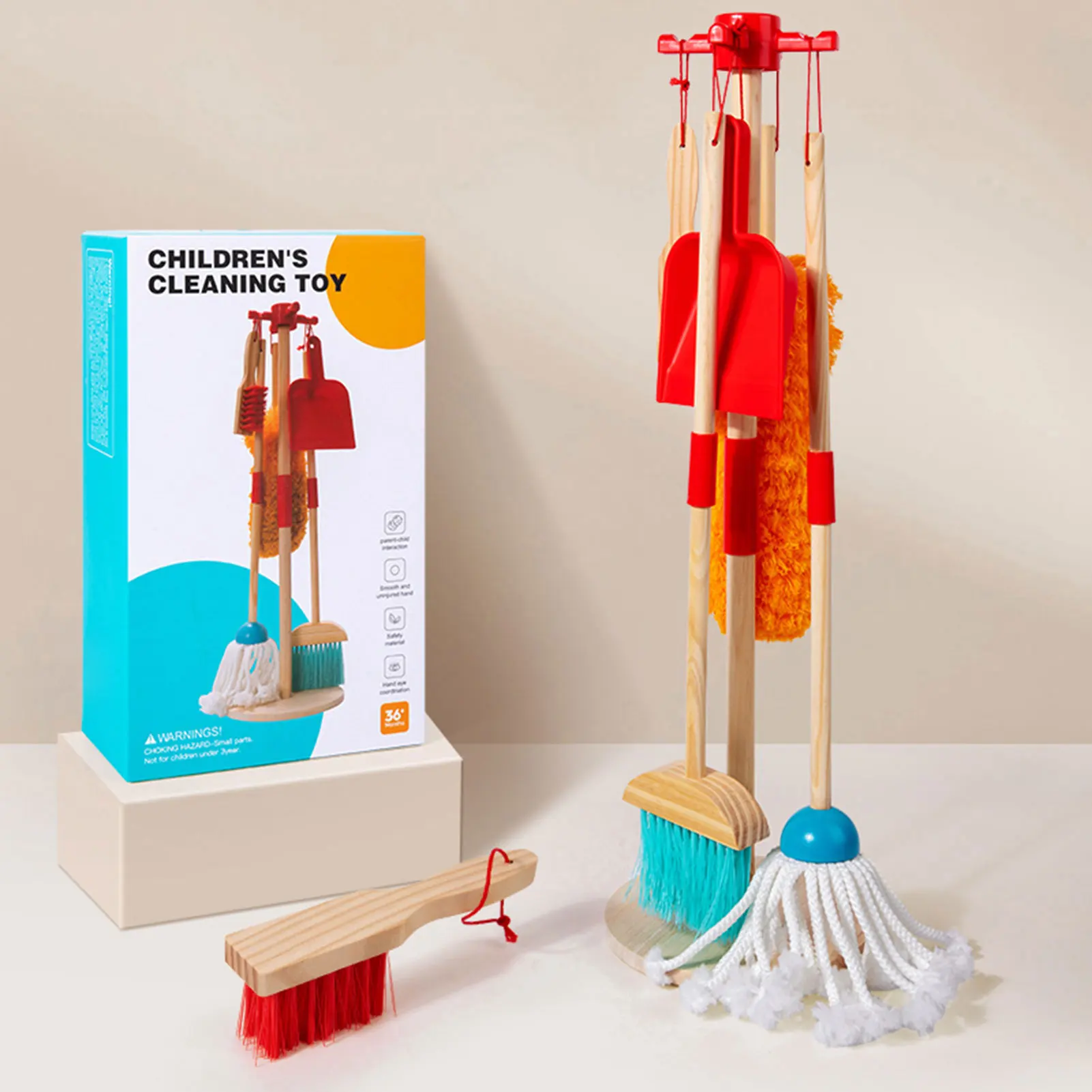 Juego de limpieza para niños, juego de 6 piezas, incluye escobas, fregona, plumero, cepillos, soporte organizador para el tiempo de unión familiar