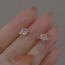 Yupsk Mini Delicate Pink Zircon Heart Planet Stud Earrings Korean Trendy Design Zircon Inlaid CZ Valentine's Day Gift For Women