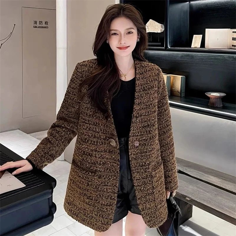 

Spring Autumn Female Long Sleeves Jacket Women Advanced Leisure Short Tweed Coat European Ladies Fashion V-neck Tops Outwear