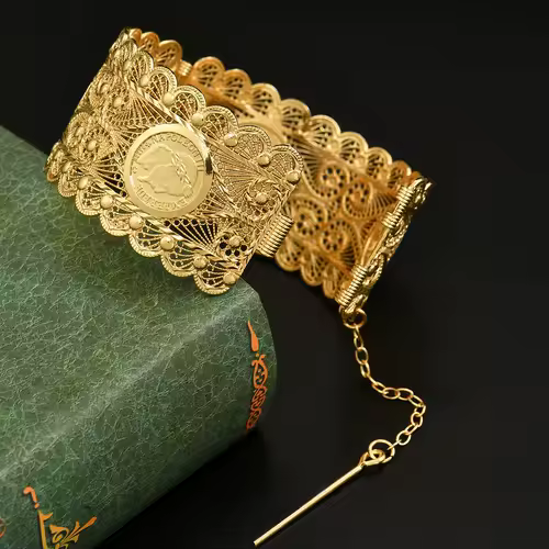 An Algerian Bride's Bracelet Jewelry With Napoleon Graphic Coin Design Finely Carved, A Wrist Accessory For Wedding Dress - Image 3