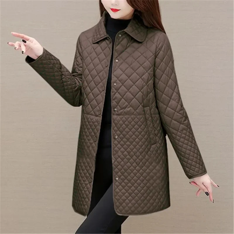 Medium Long Large Sized igh End Diamond Checkered Cotton Coat Women\'s Winter New Casual Light Thin Cotton Jacket Female