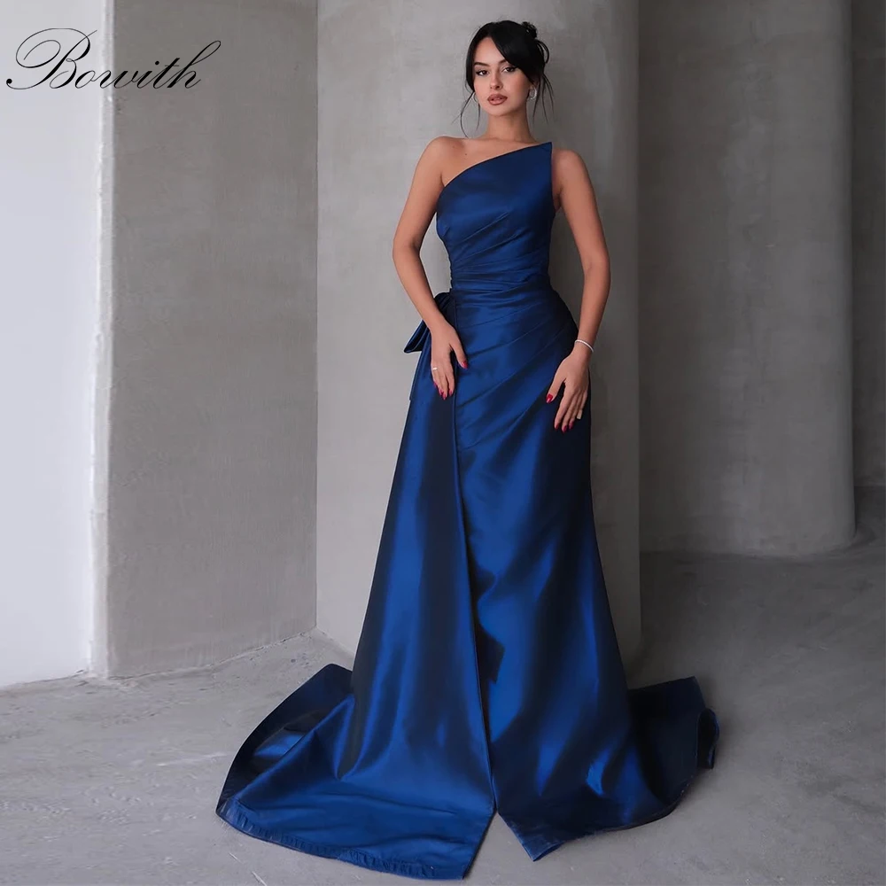 

Bowith Темно-синие вечерние платья Атласные вечерние платья без бретелек Индивидуальное платье для выпускного вечера с высоким разрезом Элегантные вечерние платья длиной до пола