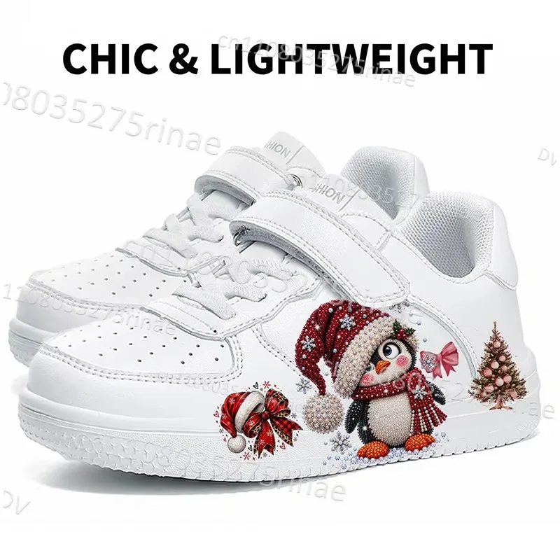 Christmas Cartoon Penguin Santa Print Xmas Tree Bow Light Bulb Decor Boys Girls Lightweight Children Platform Series Shoes
