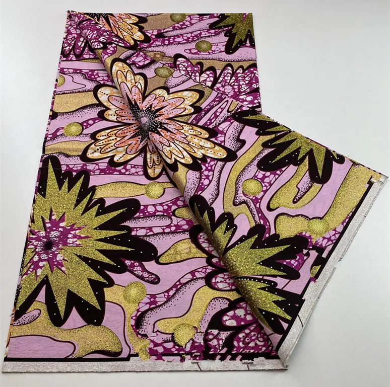 أحدث نسيج الشمع الذهبي الكبير الأفريقي الناعم عالي الجودة للنساء Pagne Flash Gold Print Batik أنقرة قماش شمع ذهبي لامع