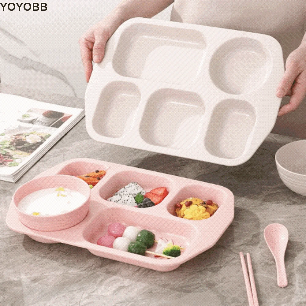 5 Compartment Divided Student Meal Plate Set with Bowl and Tableware Drop-proof Fat-Loss Meal Plate Plastic Microwave-safe