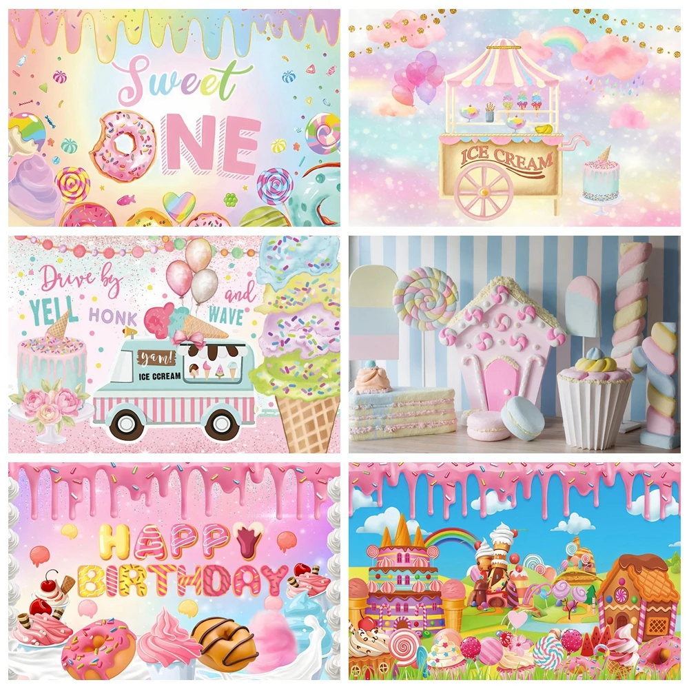 

Sweet Candy Theme Backdrop Ice Cream Car Cupcake Lollipop Candyland Baby Birthday Party Photography Background Photo Studio Prop