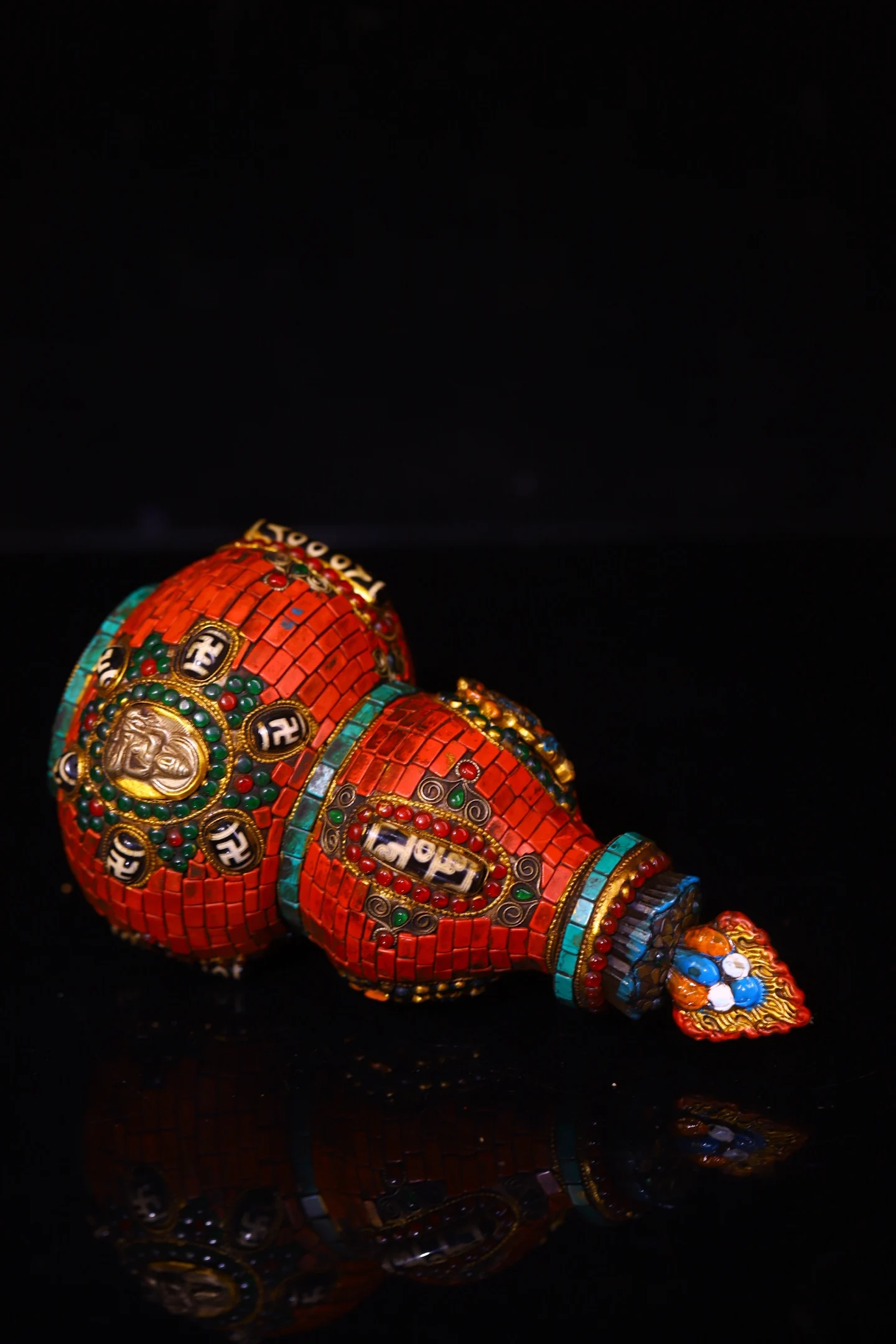 8"Old Crystal Painted Mosaic Gem gZi Beads Turquoise Shakyamuni Buddha calabash Town house Gourd Statue Amulet Worship Hall view 3