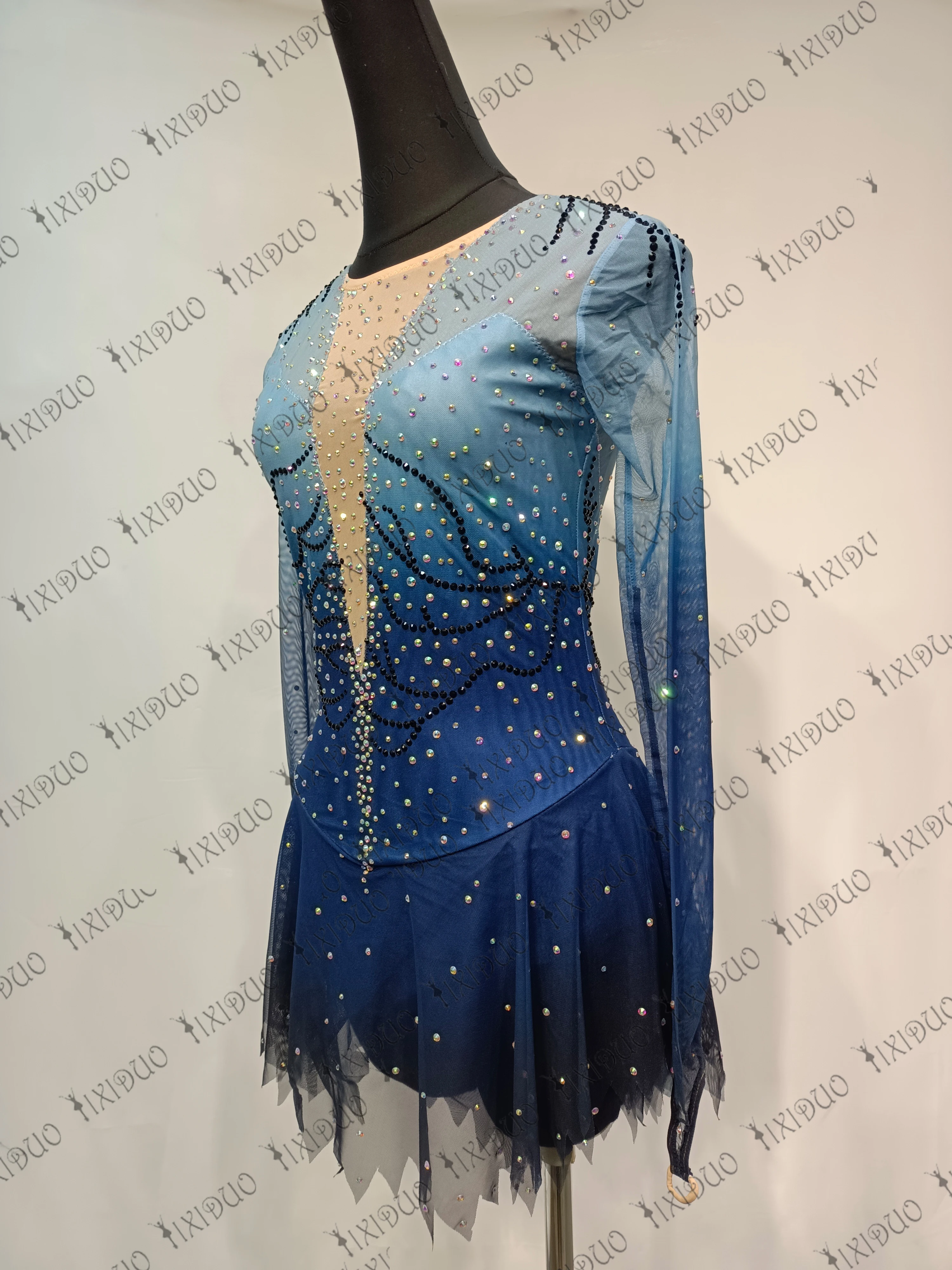 Blue Gradient Ice Figure Skating Dress Women Girls Long Sleeve High Elasticity Training Skating Wear Outfits With Rhinestones