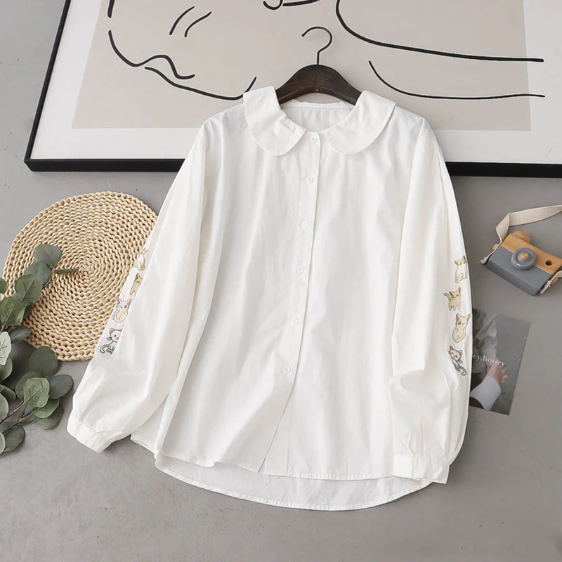 

Новая осенняя женская одежда Blusa с вышивкой кота, белая рубашка с длинным рукавом, женские повседневные милые хлопковые рубашки и блузки K117
