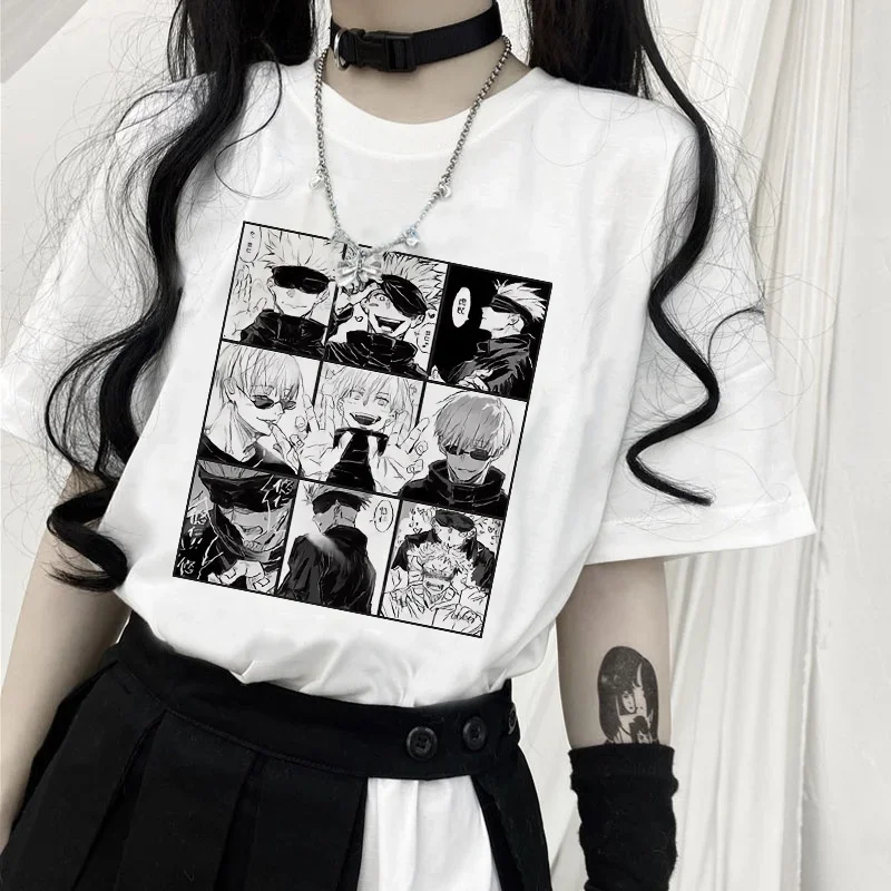 Japońskie anime Jujutsu Kaisen T-shirt Ulzzang Fun Cartoon Gojo Satoru & Yuji Itadori Print Loose Chic Harajuku Punk Women T-shirt