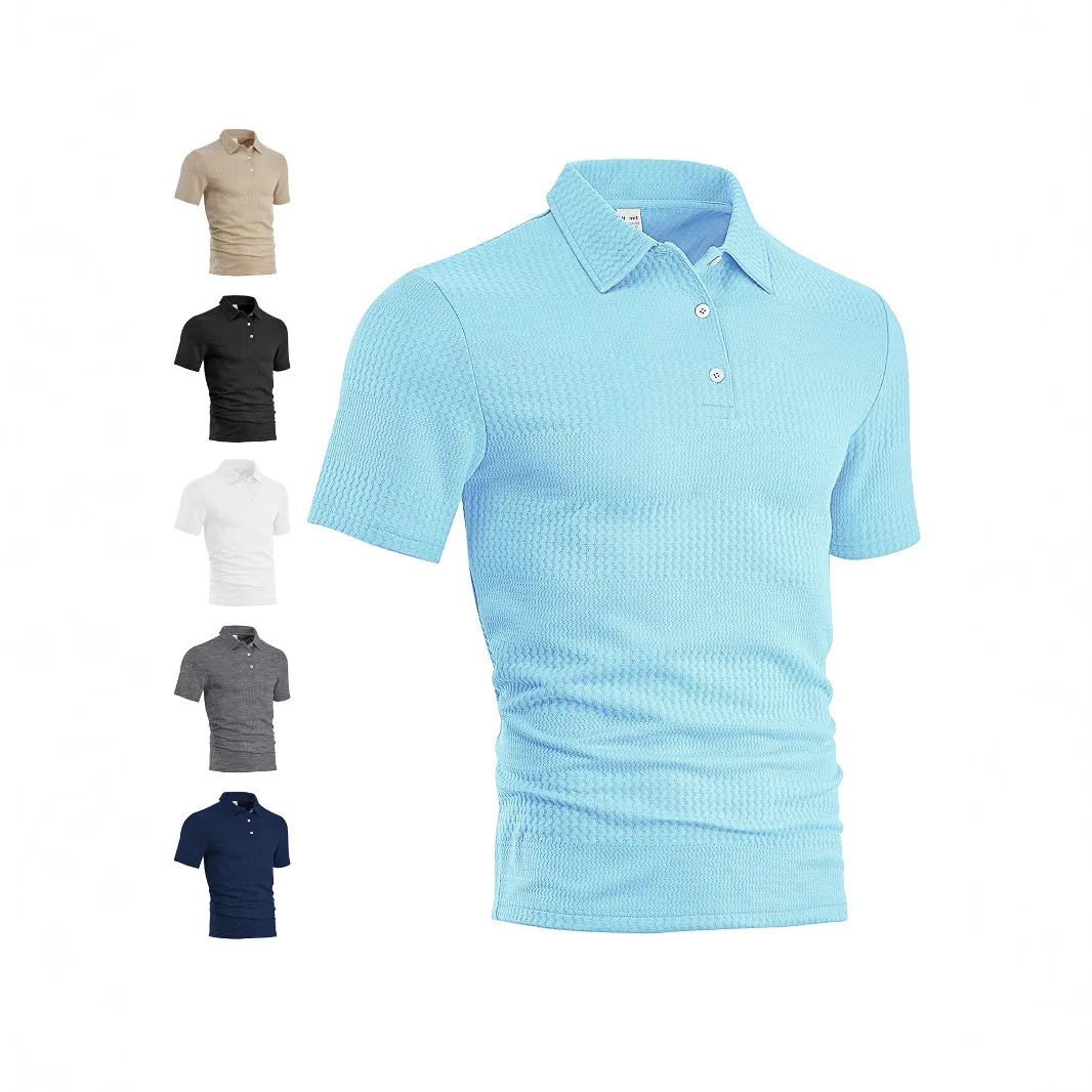 Men's Textured Knit Polo Shirt Short Sleeve Turn‑Down Collar 2‑Button Placket Casual Business Tops