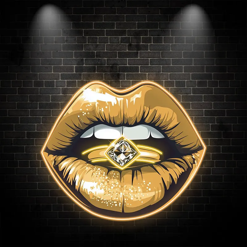 Glamorous Lip Close-Up LED Neon Sign, Sparkling Yellow Lipstick with Diamond Ring, Perfect for Beauty Salons & Home Decor