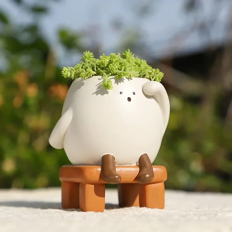 

Smily Face Flower Pot Cute Resin Flower Head Planter for Indoor Outdoor Unique Sit Chair Succulent Pots Home Office Garden Decor