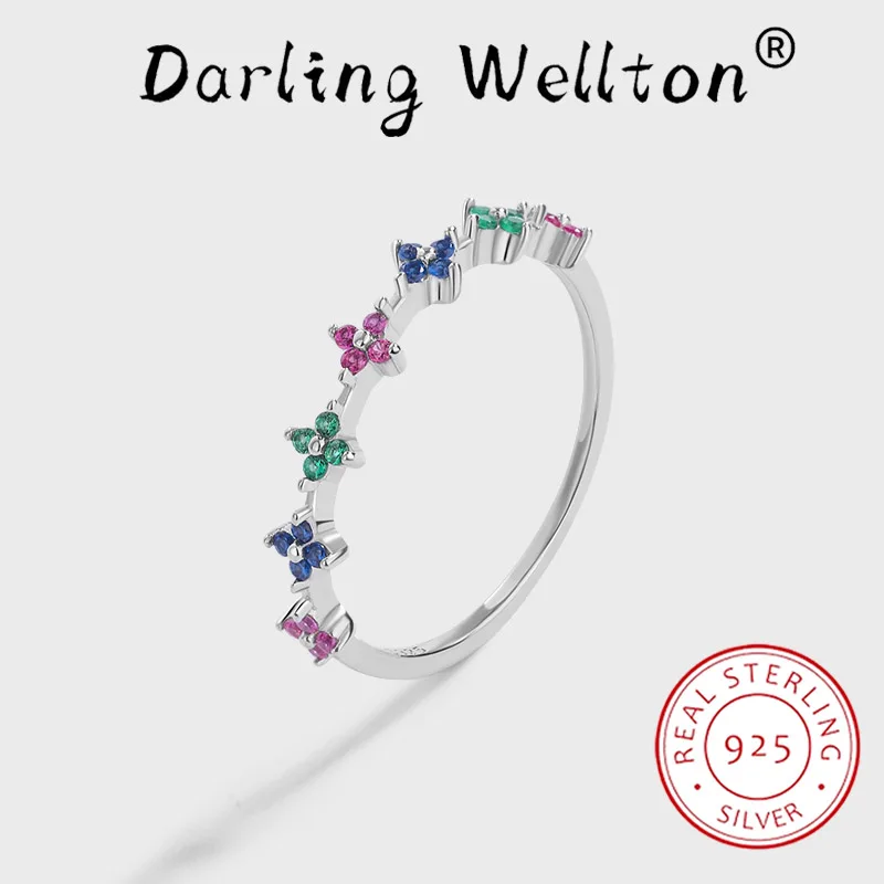 

NEW Trend Rainbow Series Flower Plum Blossom Emerald Sapphire Couple Ring For Women Cross Original Sterling Silver Gift Jewelry