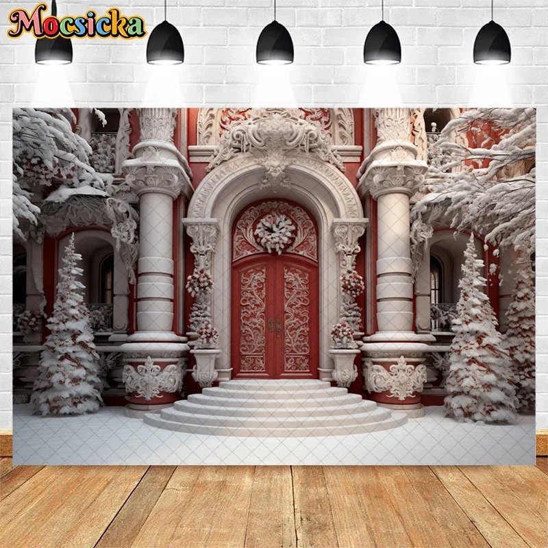 Mocsicka Photography Background Winter Christmas Red Wood Door Candy Xmas Party Kids Family Portrait Decor Backdrop Photo Studio