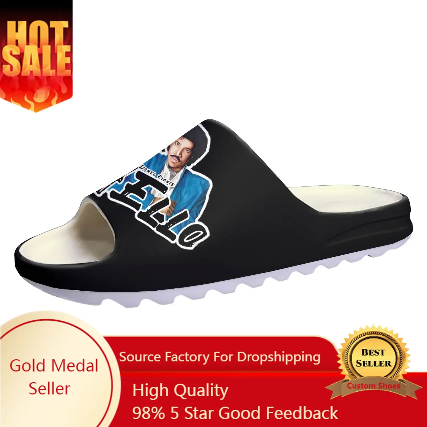 

Lionel Richie Hello Pop Music Soft Sole Sllipers Home Clogs Step on Shoe Mens Womens Teenager Custom Made on Shit Beach Sandals