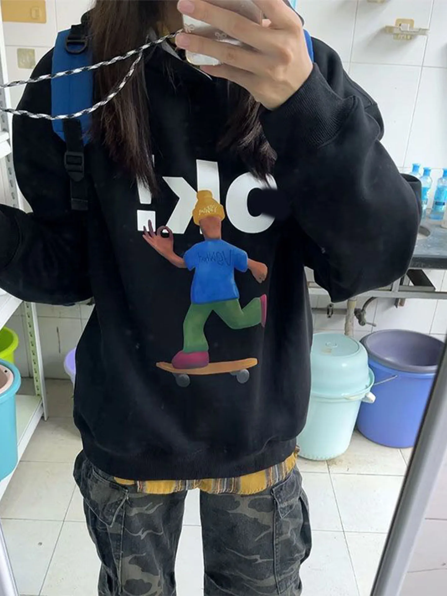 Herfst Winter Nieuwe Cartoon Print Hoodie Dames Casual Thiened Oversize Losse Lazy Sle Fce Gevoerde Lange Sve Top