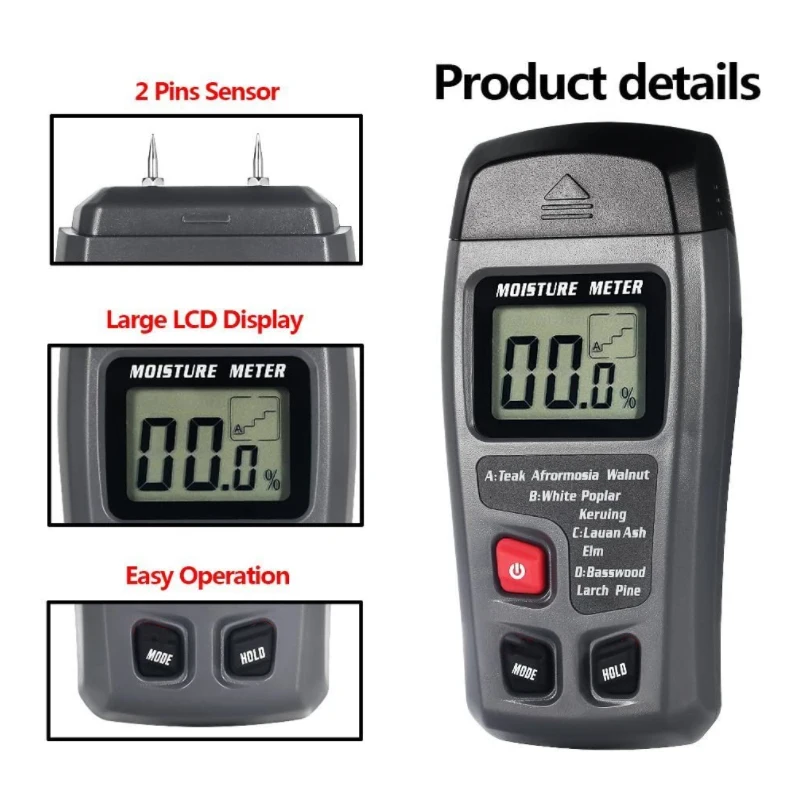 EMT01 Two Pins Digital Wood Moisture Meter 0-99.9% Wood Humidity Tester Timber Damp Detector with Large LCD Display