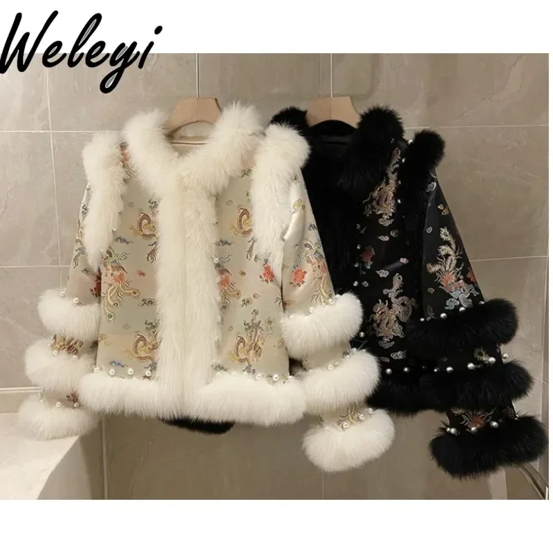 2024 Winter Chinese Style Imitation Fox Embroidery Short Faux Fur Coat Retro Women\'s Beaded Cotton Tang Clothes Fluffy Jacket