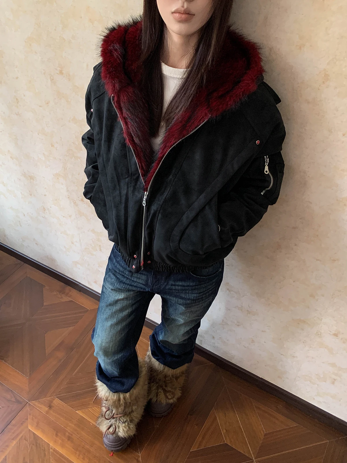 

Retro American PU Leather Jaet Cotton Mountain Eagle ex Thiened Fur Collar Cotton Coat Couple Outerwear Trendy