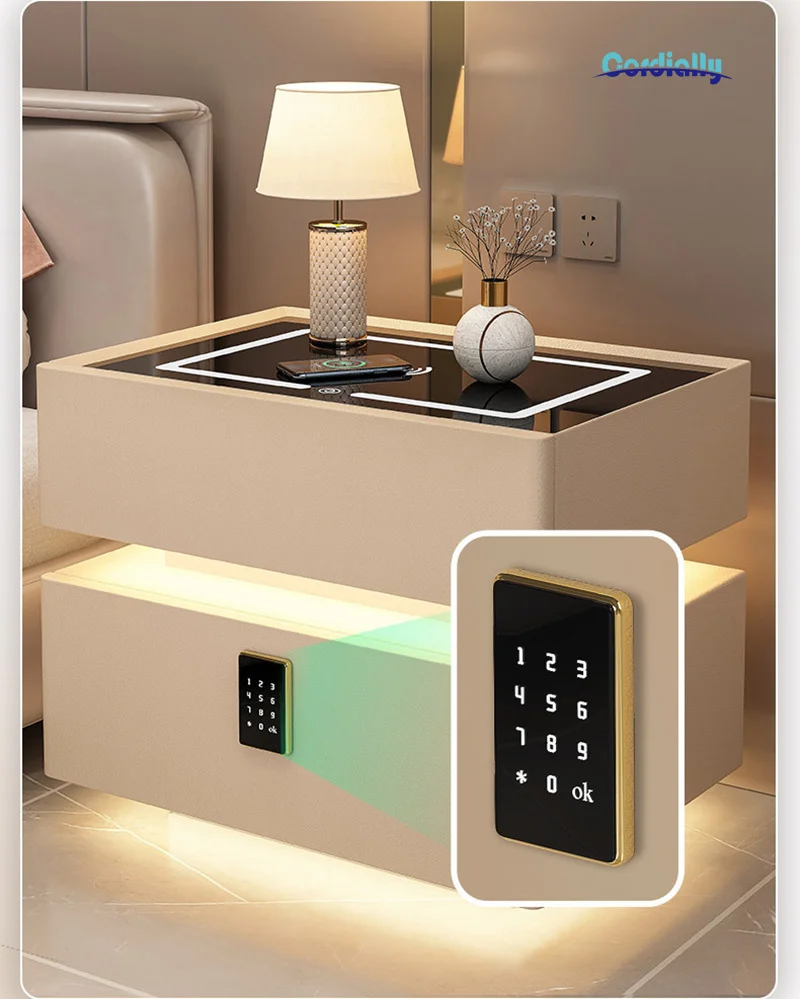 Smart Bedside Table 40-50cm Sensor Light Nordic Nightstand Storage Cabinet Wireless Charging Bedroom Furniture