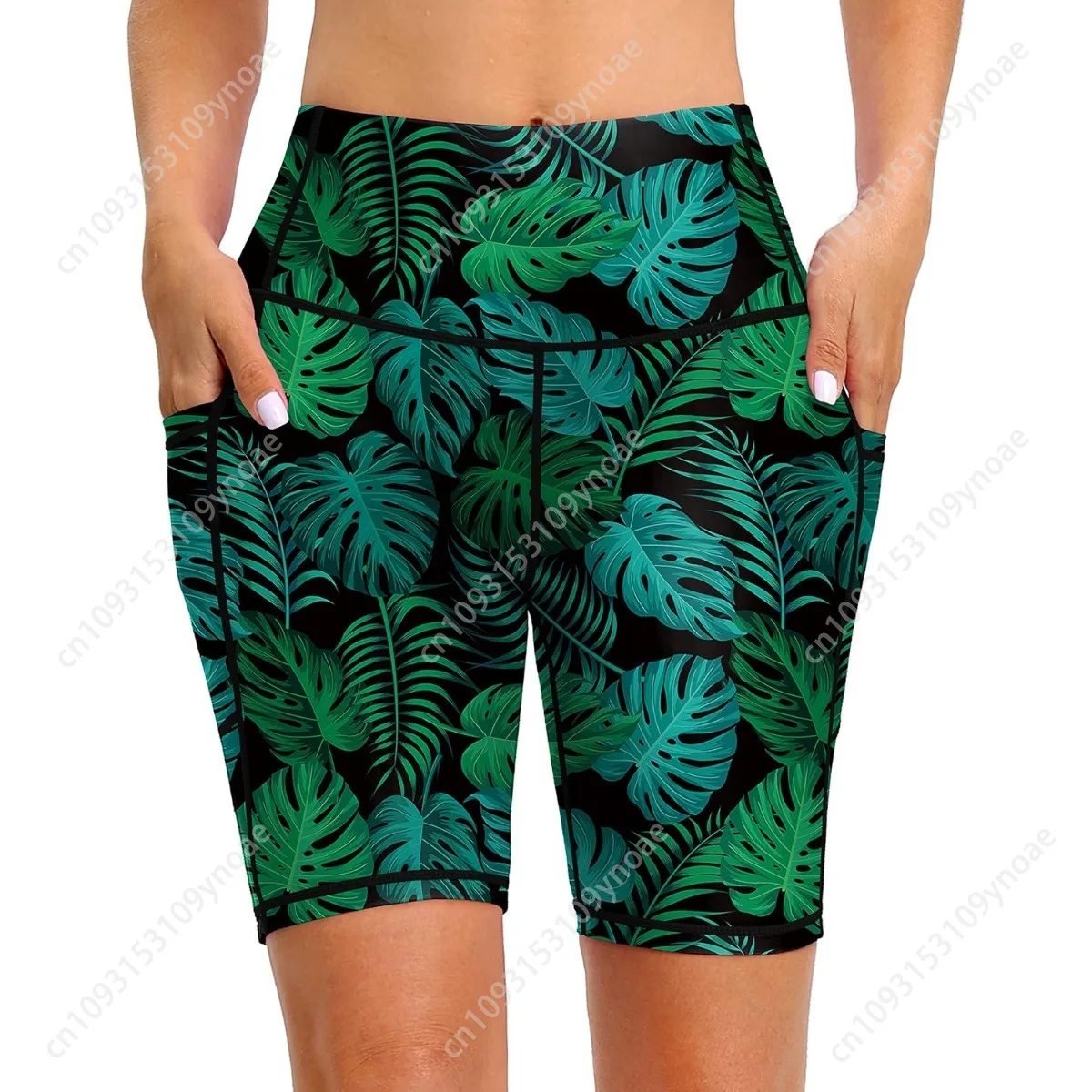 Tropical Palm Leaf Yoga Shorts Sports Women Panties Tight Hip Pants High Waist Scanties with Pockets Bathing Trunks Beach Casual