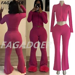 FAGADOER Autumn Winter 2 Piece Sets Women Outfit Solid Zip Crop Top And High Waist Stretchy Flare Pants Fashion Suits Streetwear