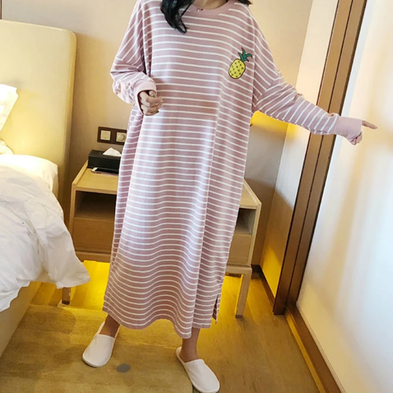 

Nightgowns Women Striped Long Sleeve Printed Oversize Plus Size 4XL Womens Spring Sleepwear Soft Students Sleep Gowns Retro Ins