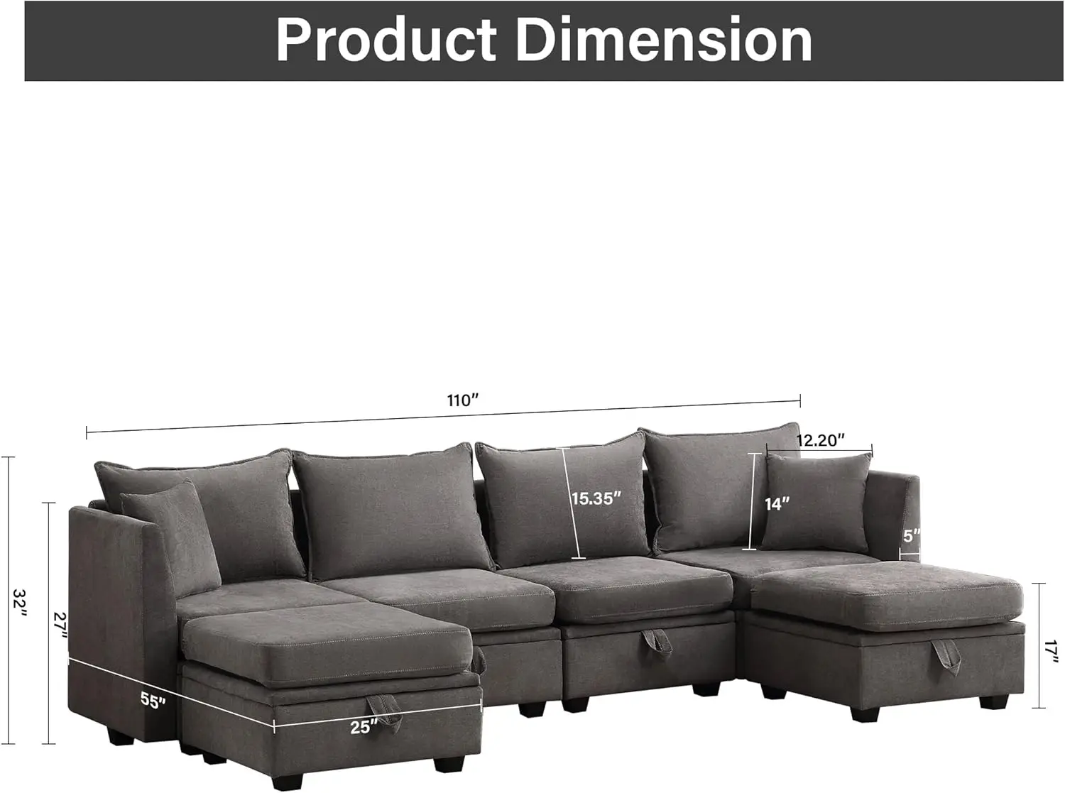 Convertible U Shaped Sofa Couch w/ Storage, 6 Seat Sleeper Sectional Sofa Set, Flexible Modular Combinations Fabric Couch (Grey)