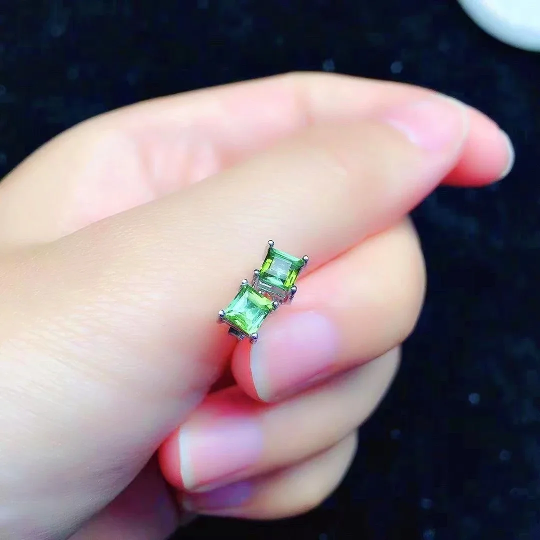 

Simple Square Gemstone Stud Earrings 4mm Natural Green Tourmaline Earrings Solid 925 Silver Tourmaline Stud Earrings
