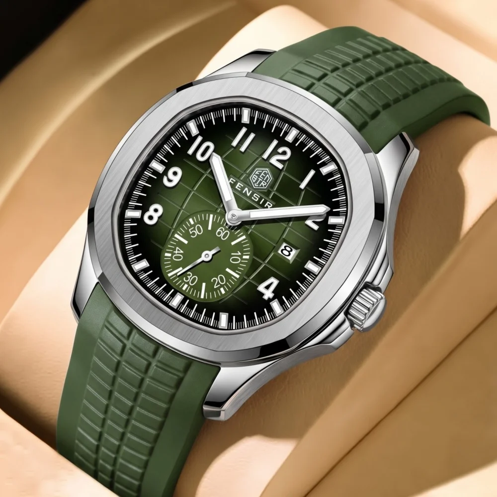 Light Luxury Men's Sports Quartz Watch, Classic Blue Checkered Dial, Independent Small Seconds Dial, Calendar Display, Luminous Waterproof Design, Non-Slip Rubber Strap, Business Casual Everyday Wear Men's Wristwatch,