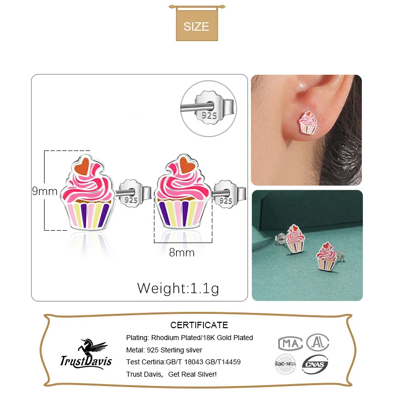 TrustDavis Real 925 Sterling Silver Stud Earrings For Women Daughter Girls Color Glaze Cake Fine Birthday Gift 925 Jewelry DK021